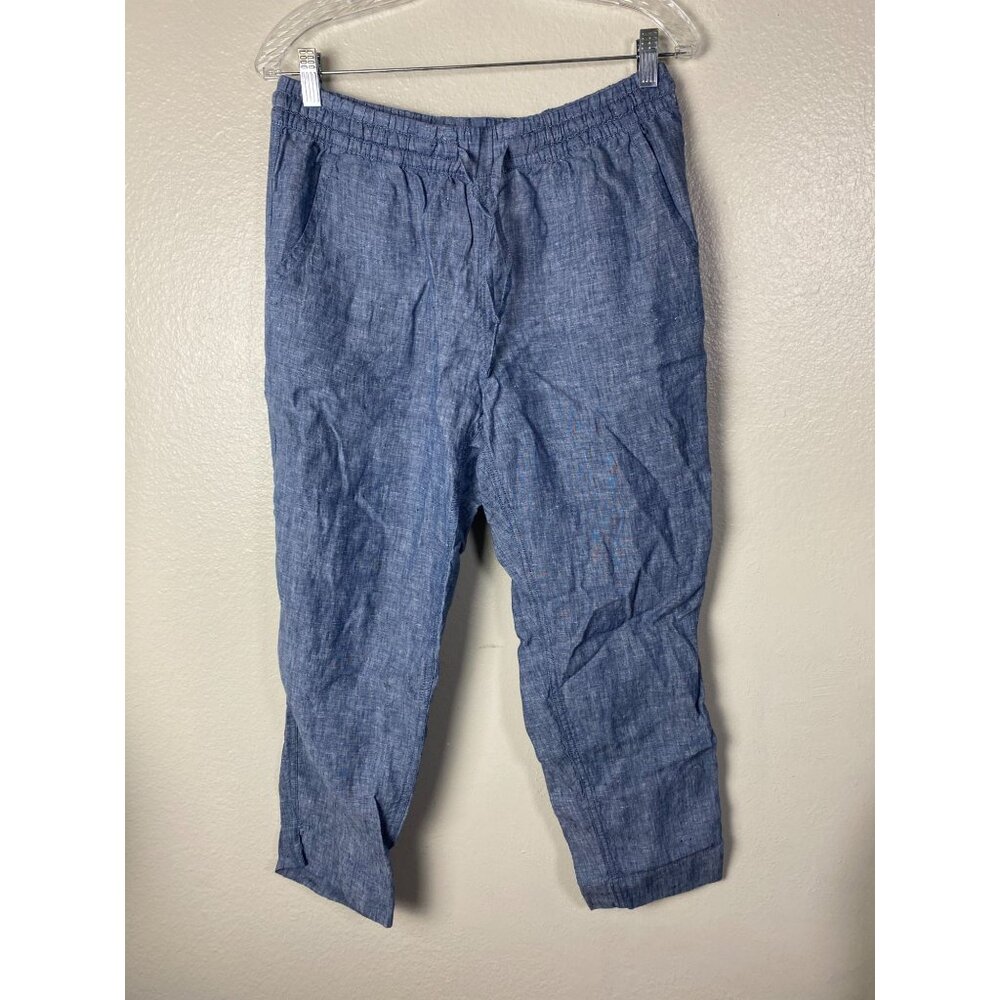 LL Bean Womens Premium Linen Pants Size 10 Blue Ankle Pull on Relaxed Lagenlook